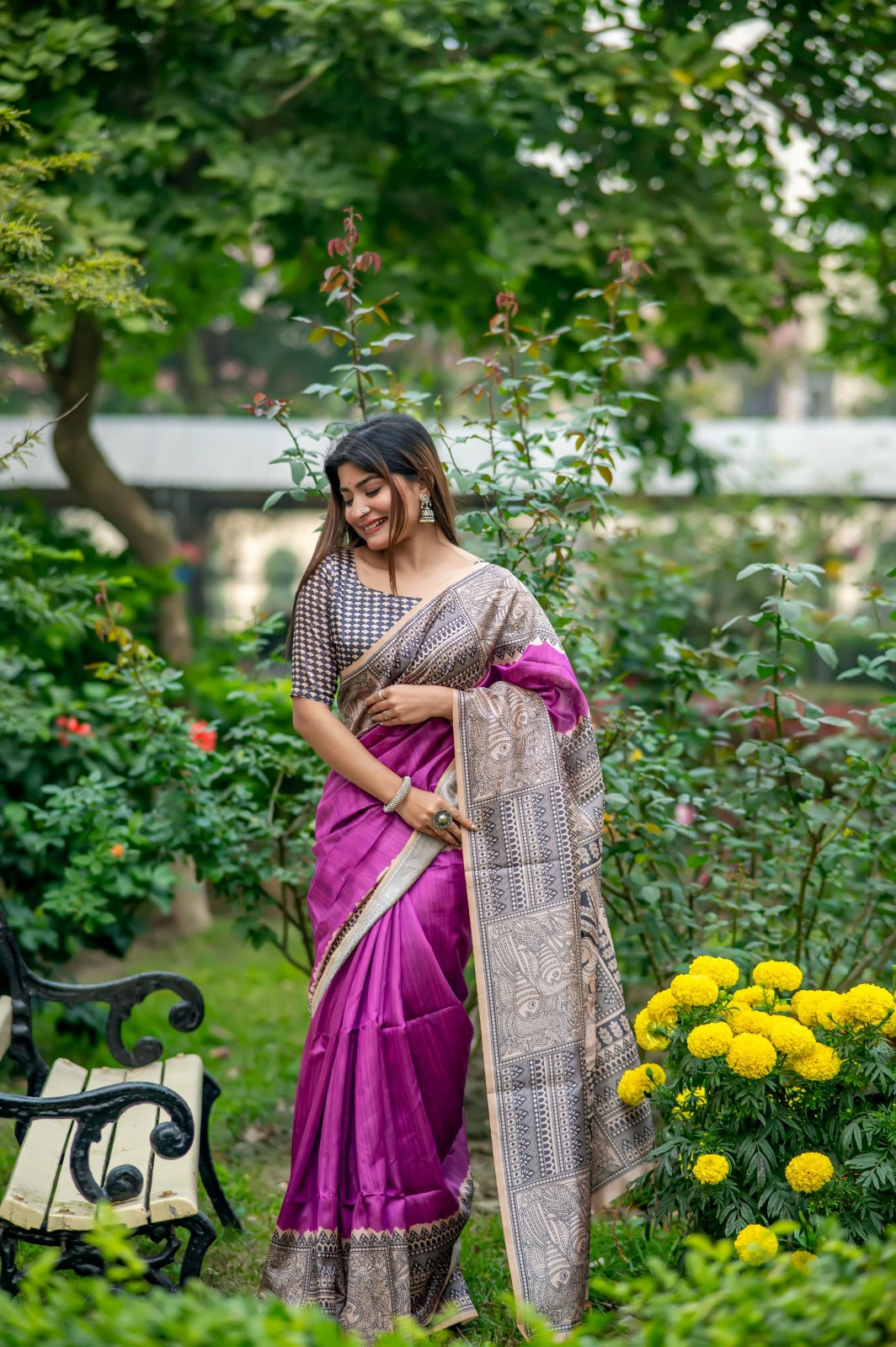 Graceful Linen Cotton Saree – Traditional Print=PURPEL