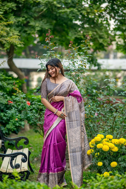 Graceful Linen Cotton Saree – Traditional Print=PURPEL