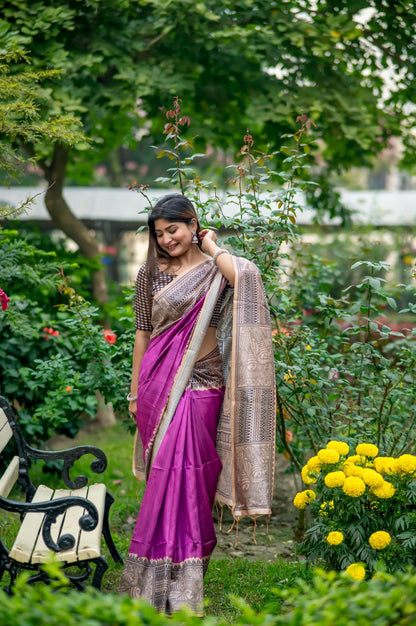 Graceful Linen Cotton Saree – Traditional Print=PURPEL