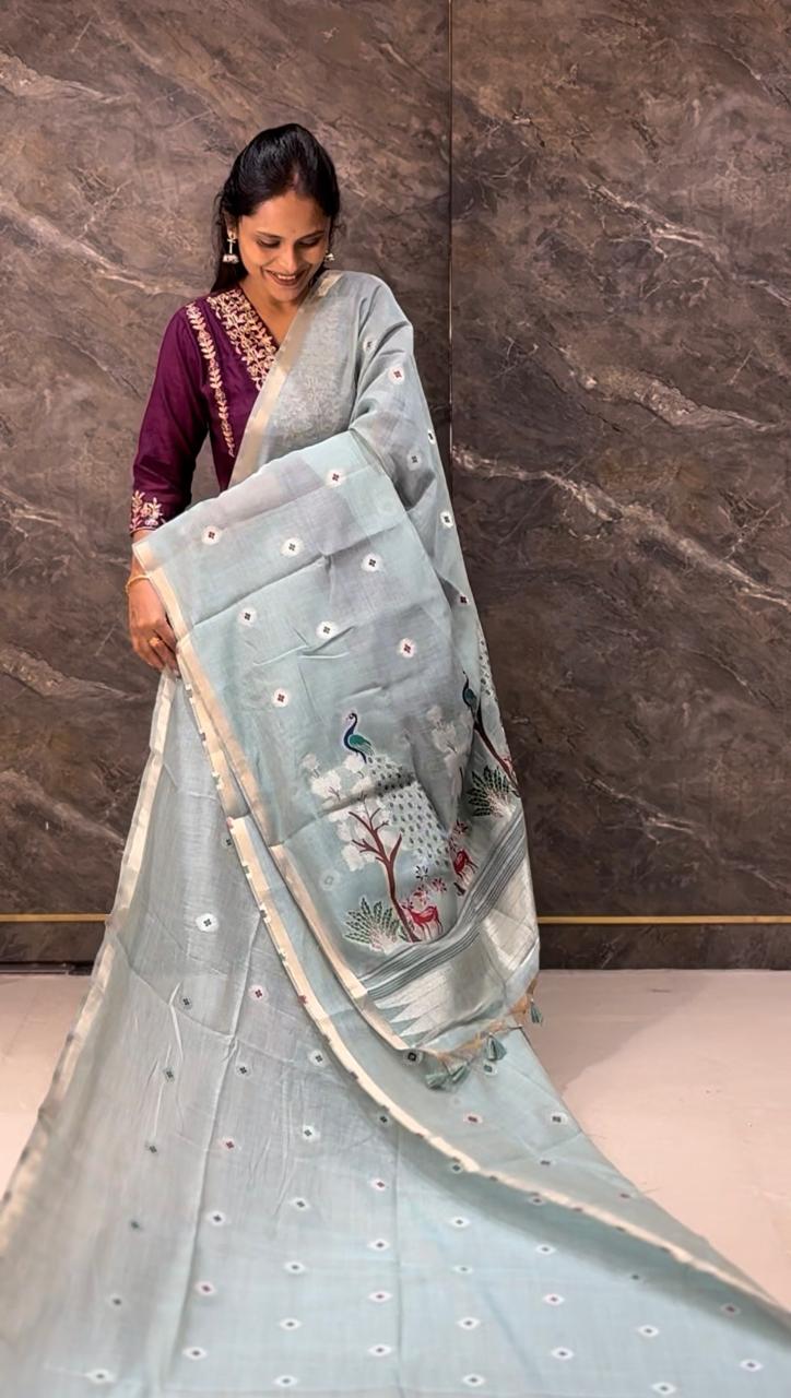 Soft Muga Cotton Maheswari Pattern Saree - Sky Blue