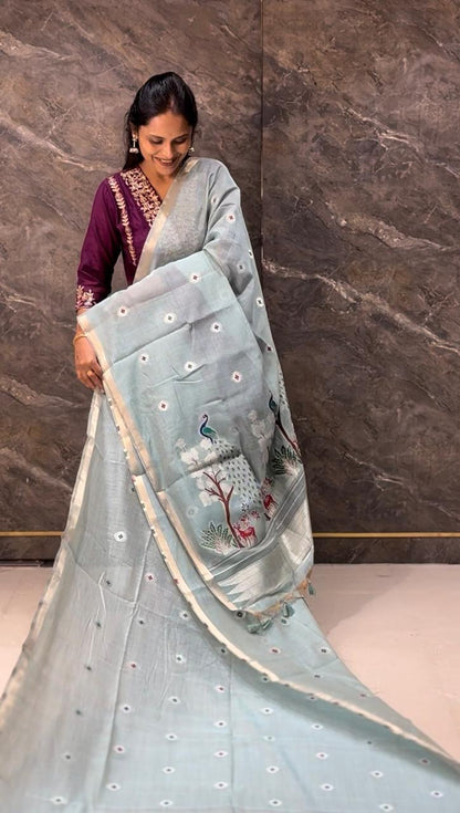 Soft Muga Cotton Maheswari Pattern Saree - Sky Blue