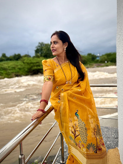 Soft Muga Cotton Maheswari Pattern Saree - Yellow