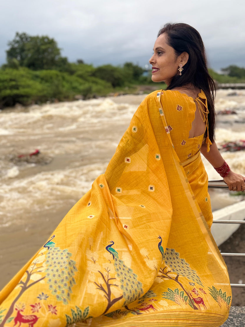 Soft Muga Cotton Maheswari Pattern Saree - Yellow