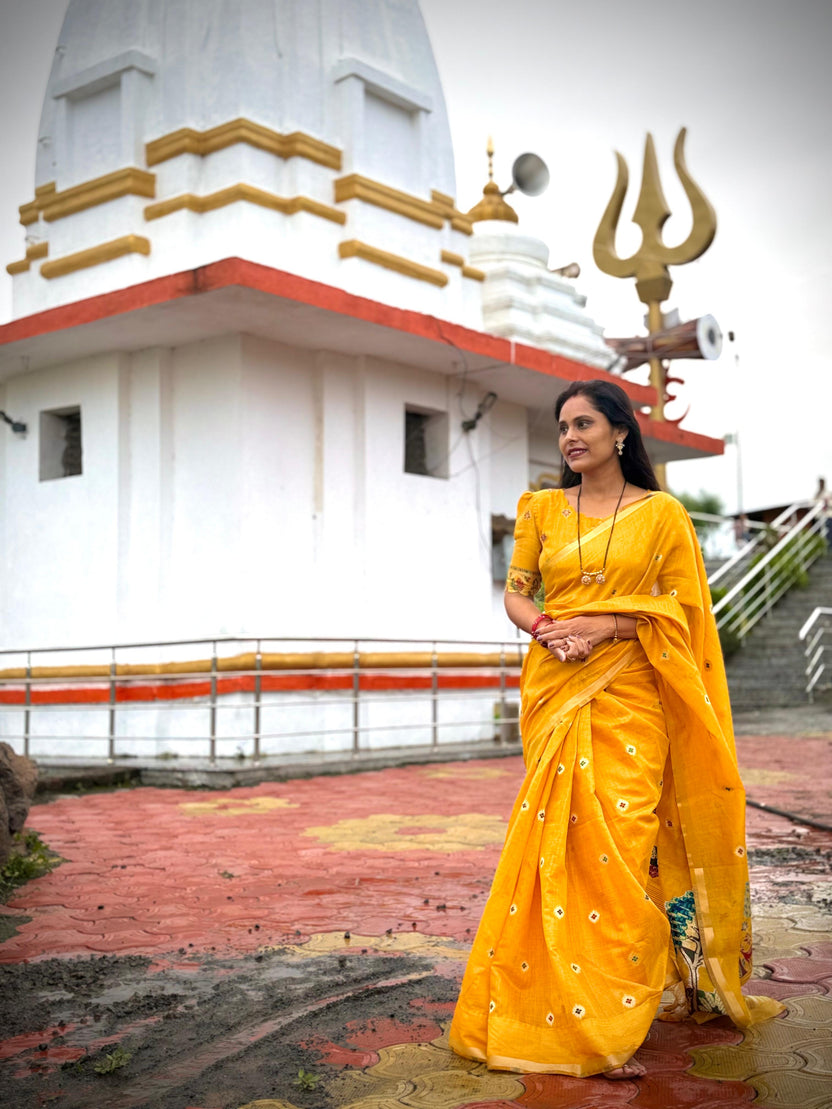 Soft Muga Cotton Maheswari Pattern Saree - Yellow