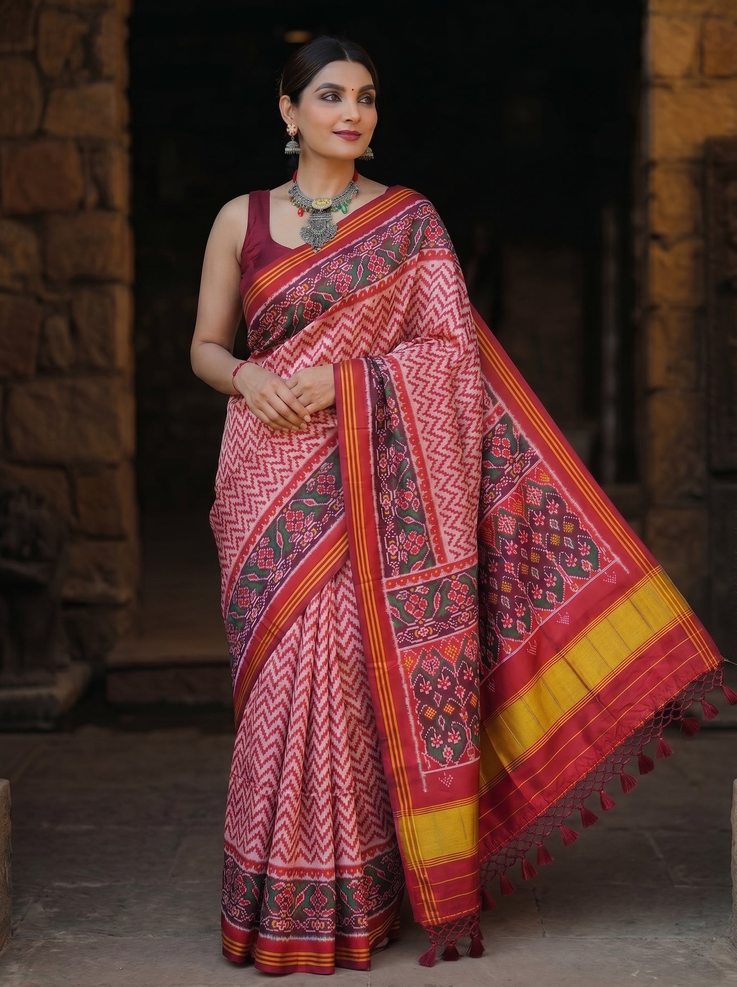 Soft Pure Patola Silk Double Ikat Printed Saree with Zari Stripe Border