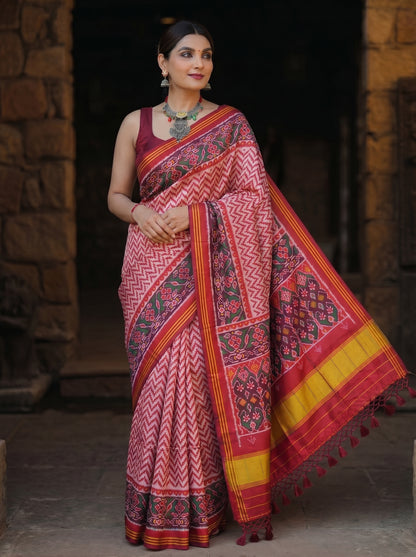 Soft Pure Patola Silk Double Ikat Printed Saree with Zari Stripe Border