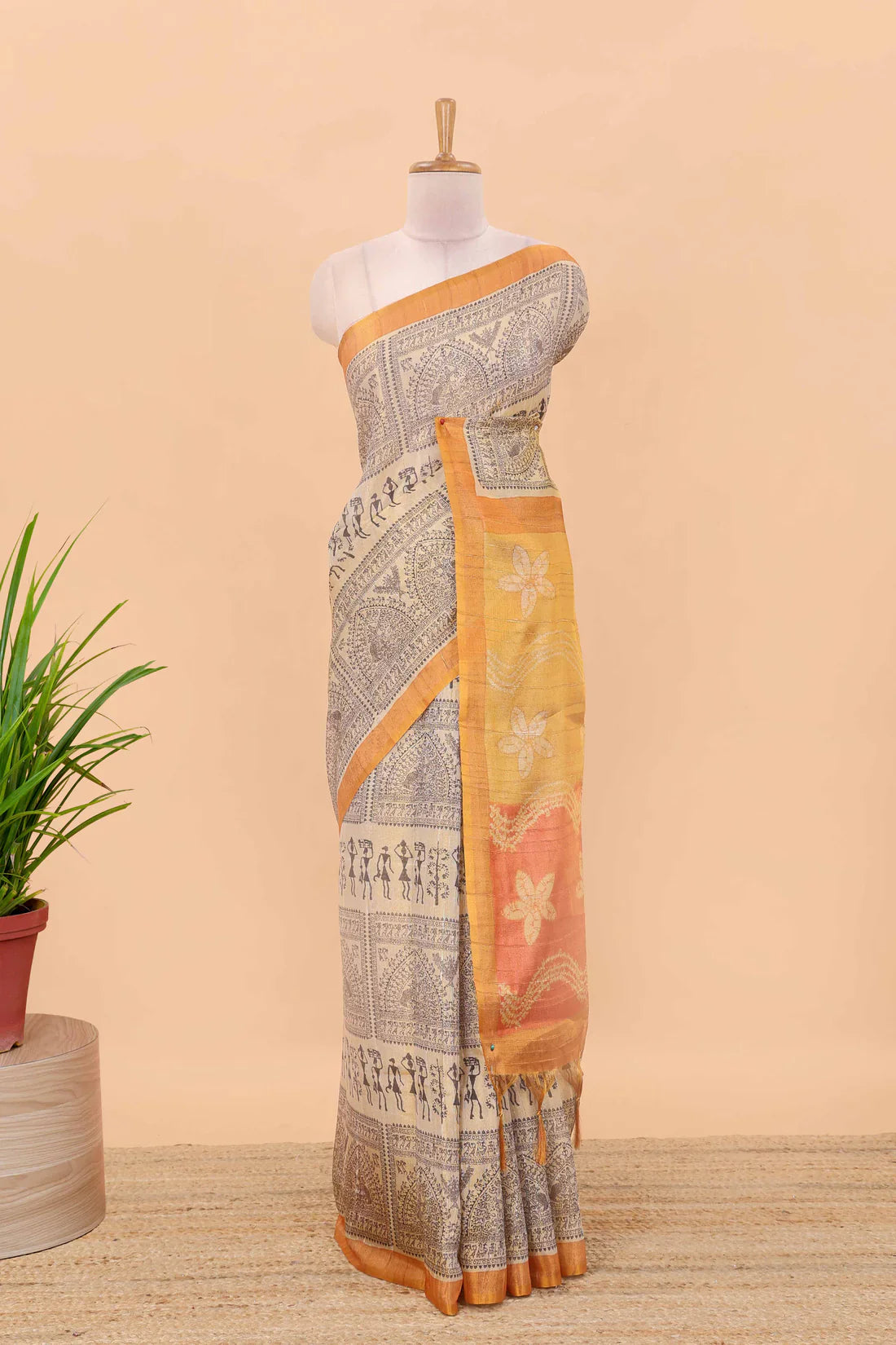 Tissue Tussar Zari Saree With Print Warli - ORANGE-RED