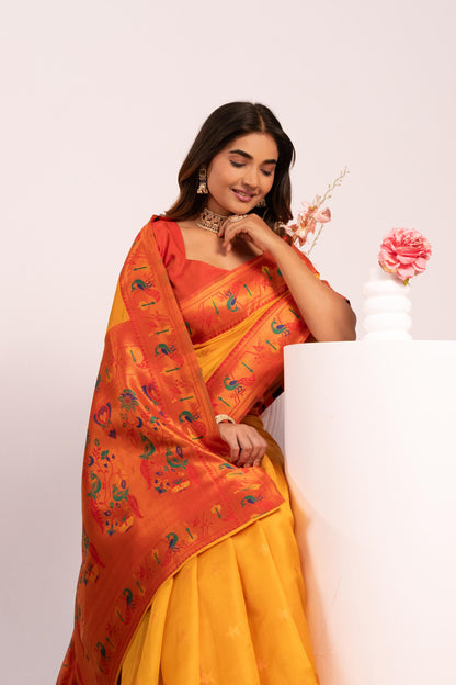Pure Banarasi Paithani Silk Saree - YELLOW