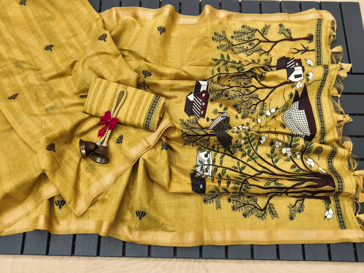Pure Ghicha Cotton Saree with Traditional Pallu- YELLOW
