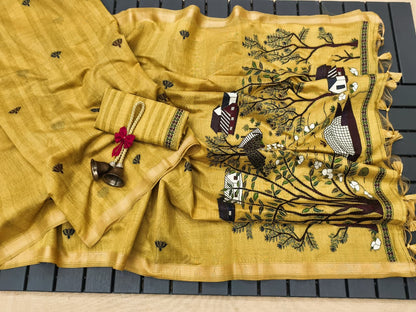 Pure Ghicha Cotton Saree with Traditional Pallu- YELLOW