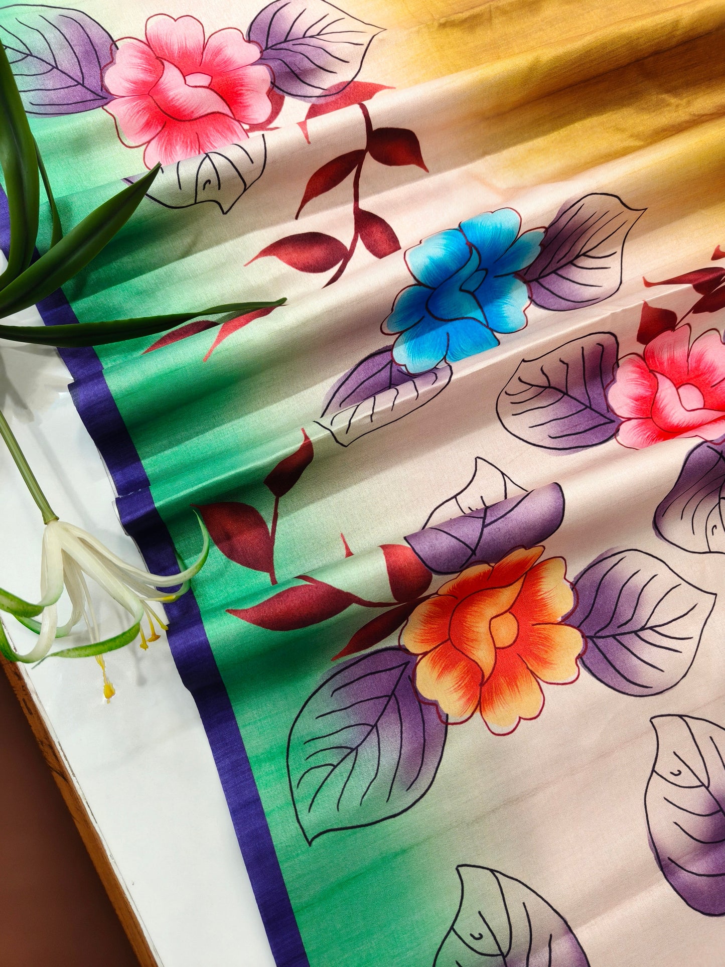 Modern Ethnic Saree with Floral Design -  YELLOW