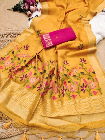 Soft Chanderi Cotton Saree with Intricate Floral Weaving- YELLOW