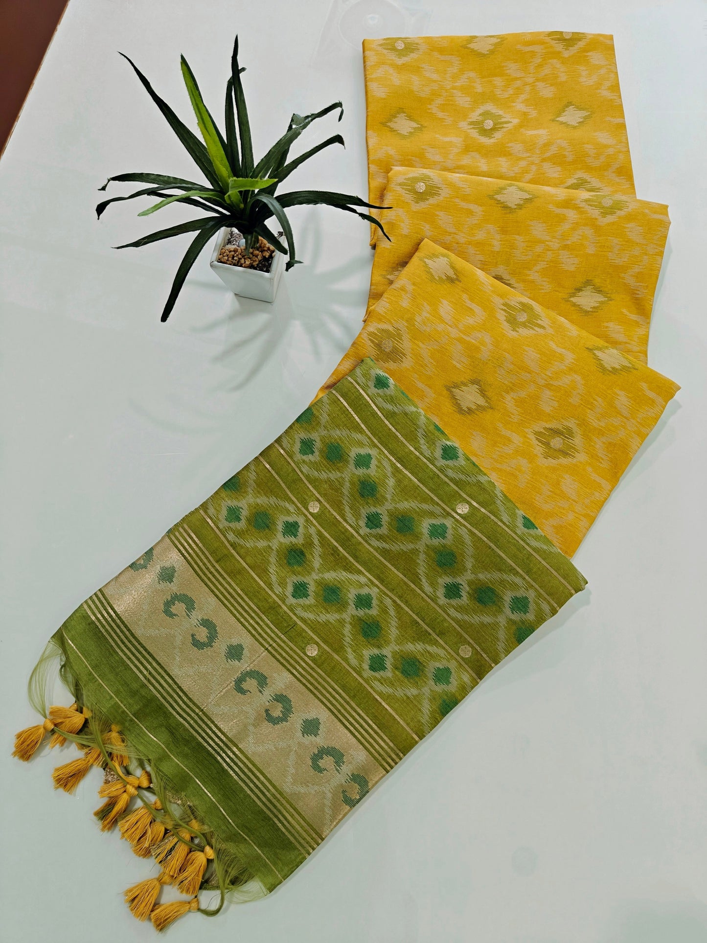 Raw Silk Ikkat Saree With Zari Woven Border-YELLOW