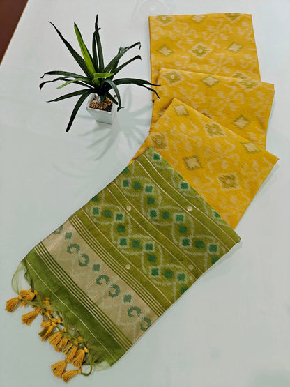 Raw Silk Ikkat Saree With Zari Woven Border-YELLOW
