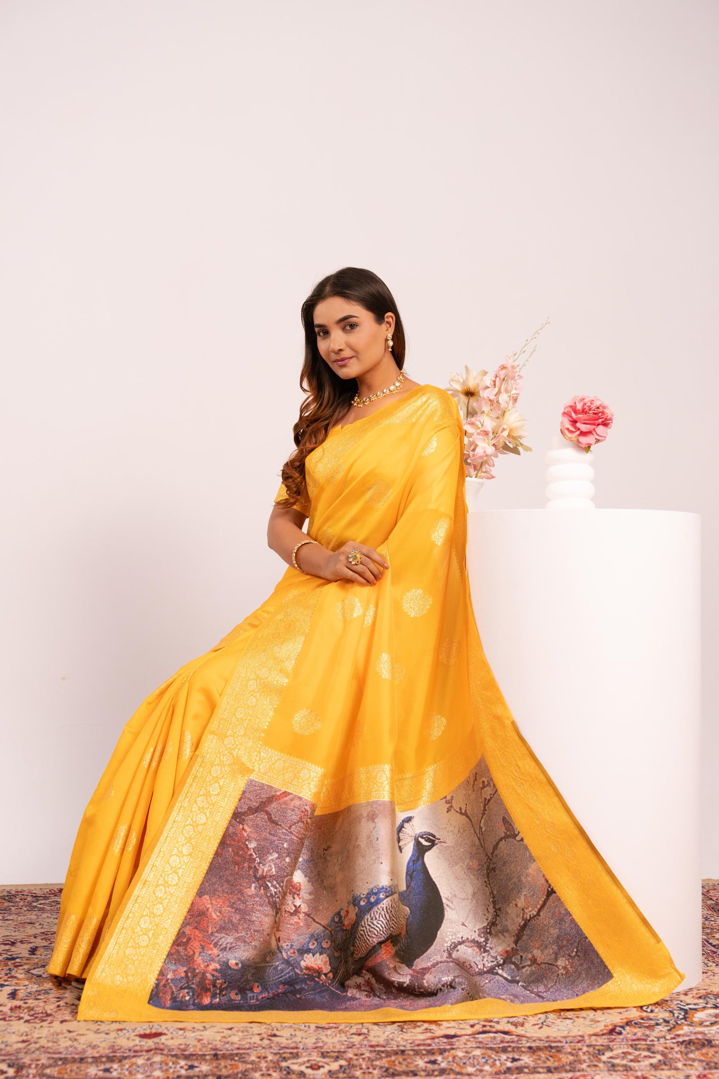 Handloom Banarasi Paithani Silk Saree with Artistic Peacock Pallu - YELLOW