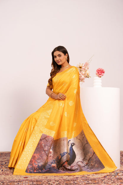 Handloom Banarasi Paithani Silk Saree with Artistic Peacock Pallu - YELLOW