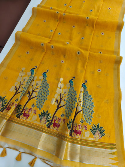 Soft Muga Cotton Maheswari Pattern Saree - Yellow