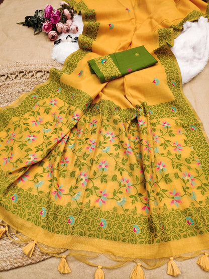 Elegant Chanderi Cotton Saree with All-Over Floral Weaving- YELLOW