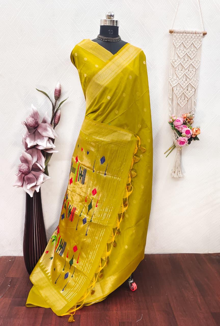 Khadi Raw Silk Saree with Traditional Woven Border & Multicolor Motifs -YELLOW
