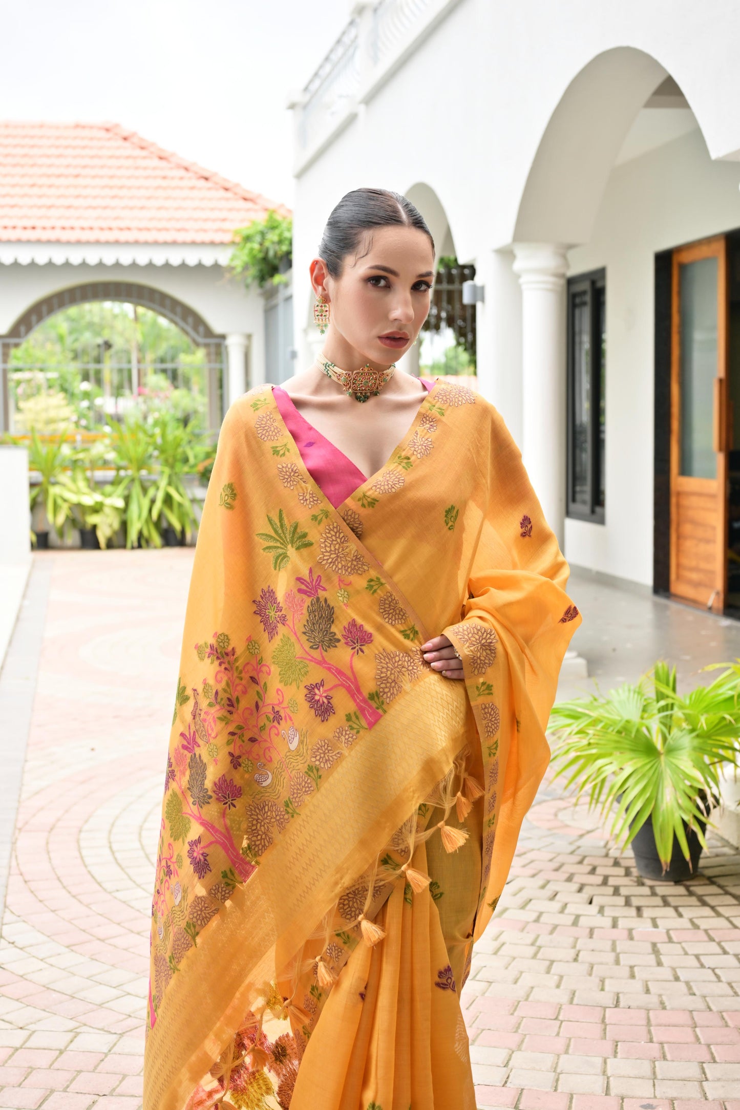 Premium Chanderi Cotton Handloom Saree- YELLOW