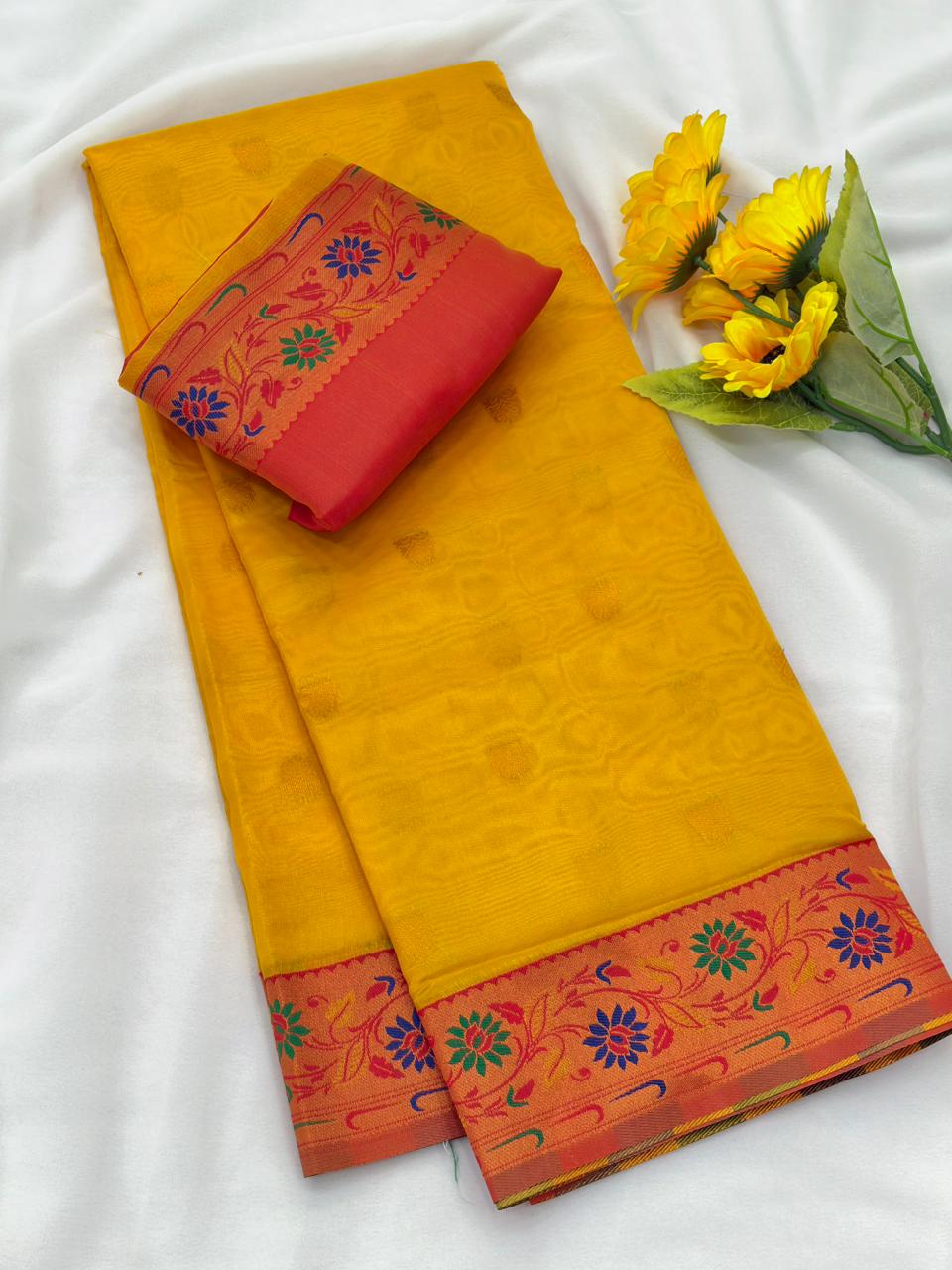 Royal Banarasi Saree with Contrast Blouse & Floral Motifs- YELLOW