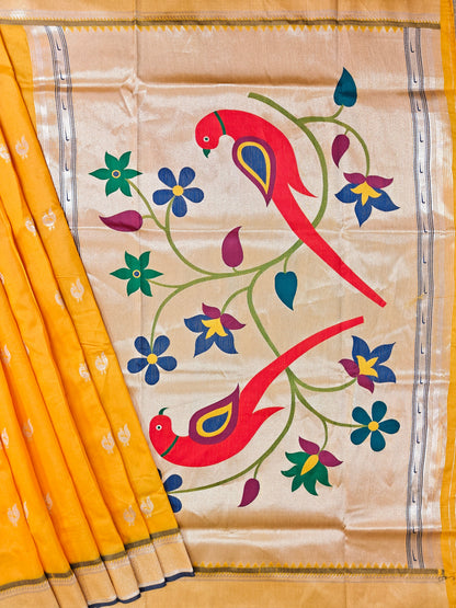 Heritage Hand-Weaving Silk Saree with Parrot Design-YELLOW