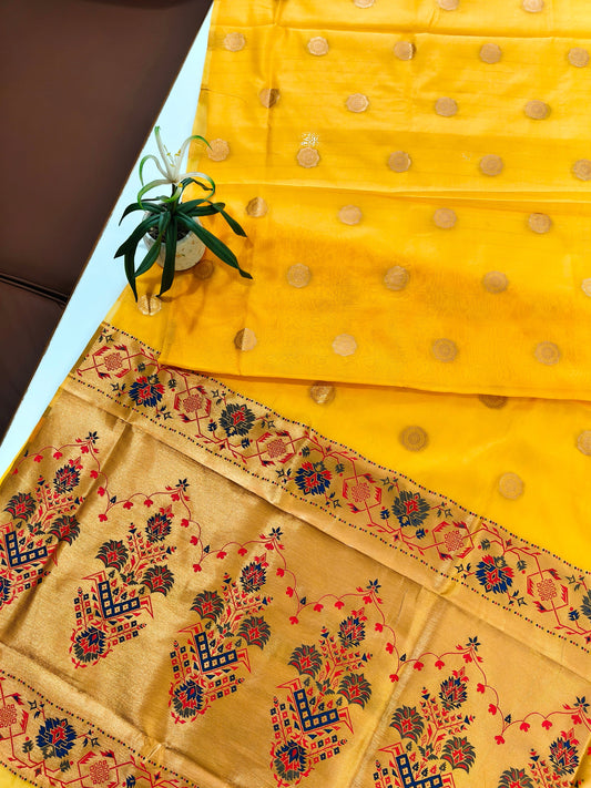 Maharashtrian Paithani Silk Saree - YELLOW