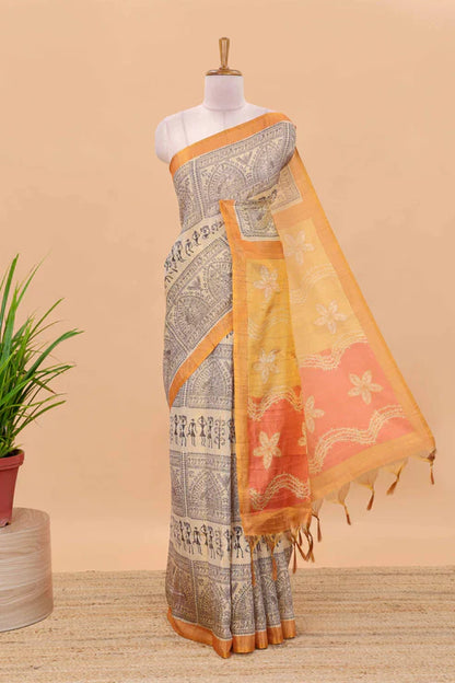Tissue Tussar Zari Saree With Print Warli - ORANGE-RED