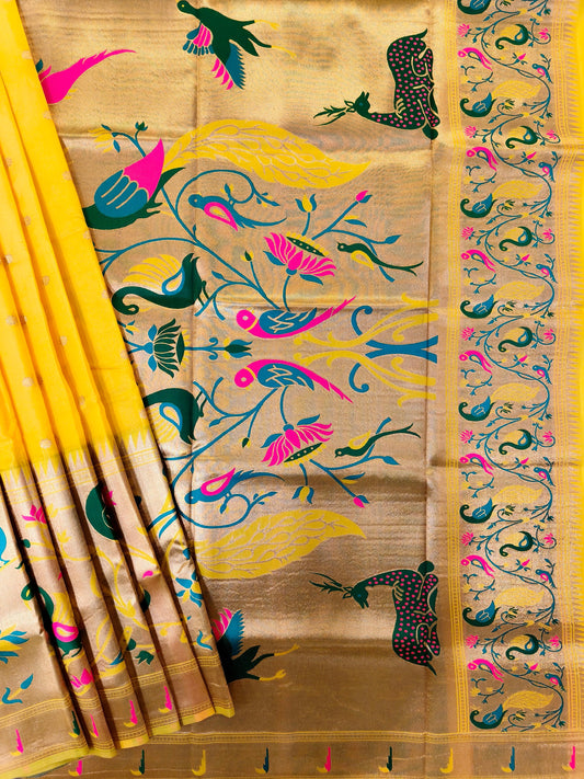 Premium Teal  Silk Saree with Peacock & Bird Woven Pallu- YELLOW