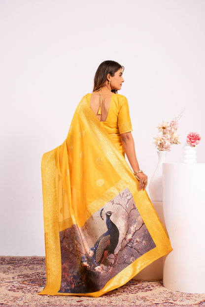 Handloom Banarasi Paithani Silk Saree with Artistic Peacock Pallu - YELLOW