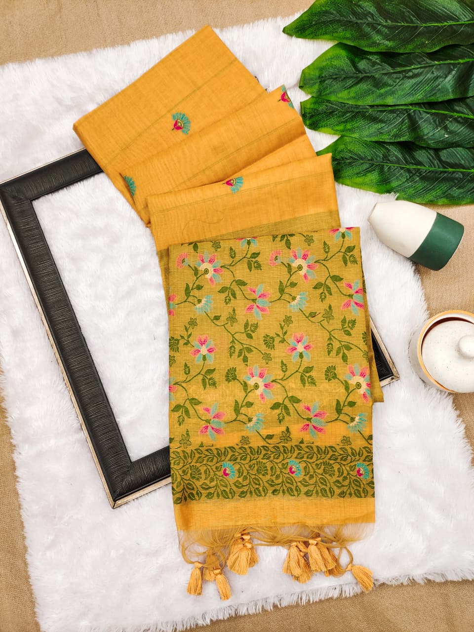 Elegant Chanderi Cotton Saree with All-Over Floral Weaving- YELLOW