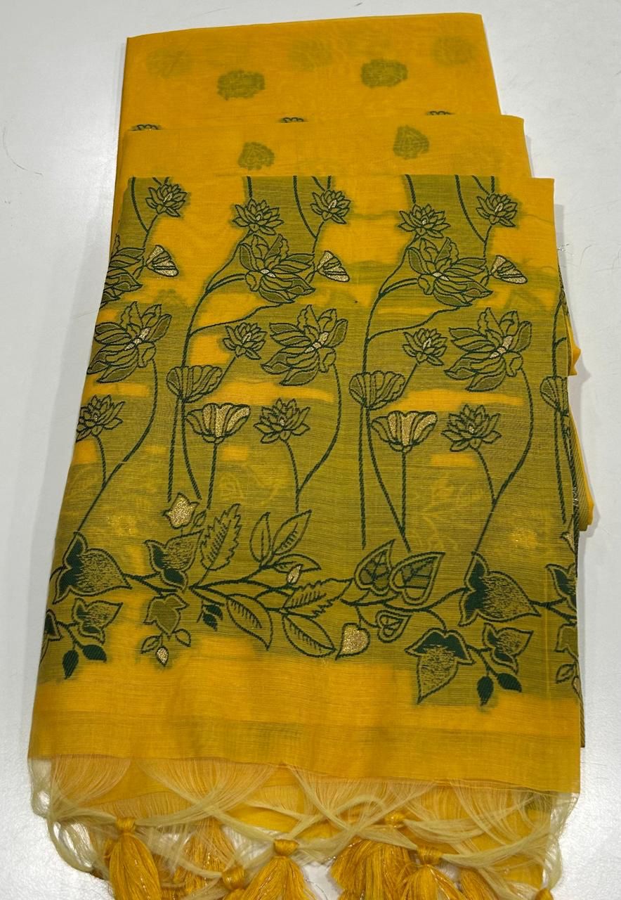 Handloom Chanderi Cotton Saree with Delicate Floral Motifs- YELLOW
