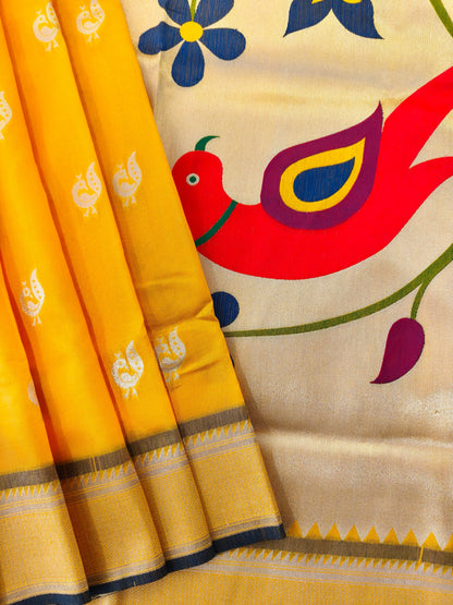 Heritage Hand-Weaving Silk Saree with Parrot Design-YELLOW