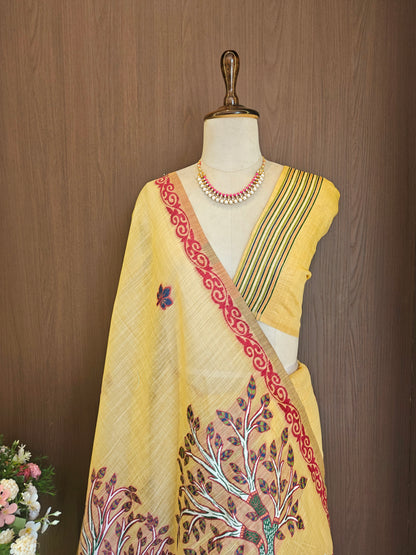 Classic Muga Cotton Saree with Unstitched Blouse and Artistic Border- YELLOW
