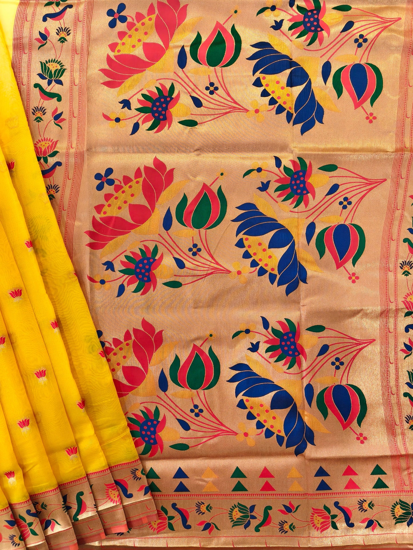 Paithani Silk Saree with Floral Motifs and Zari Pallu - YELLOW