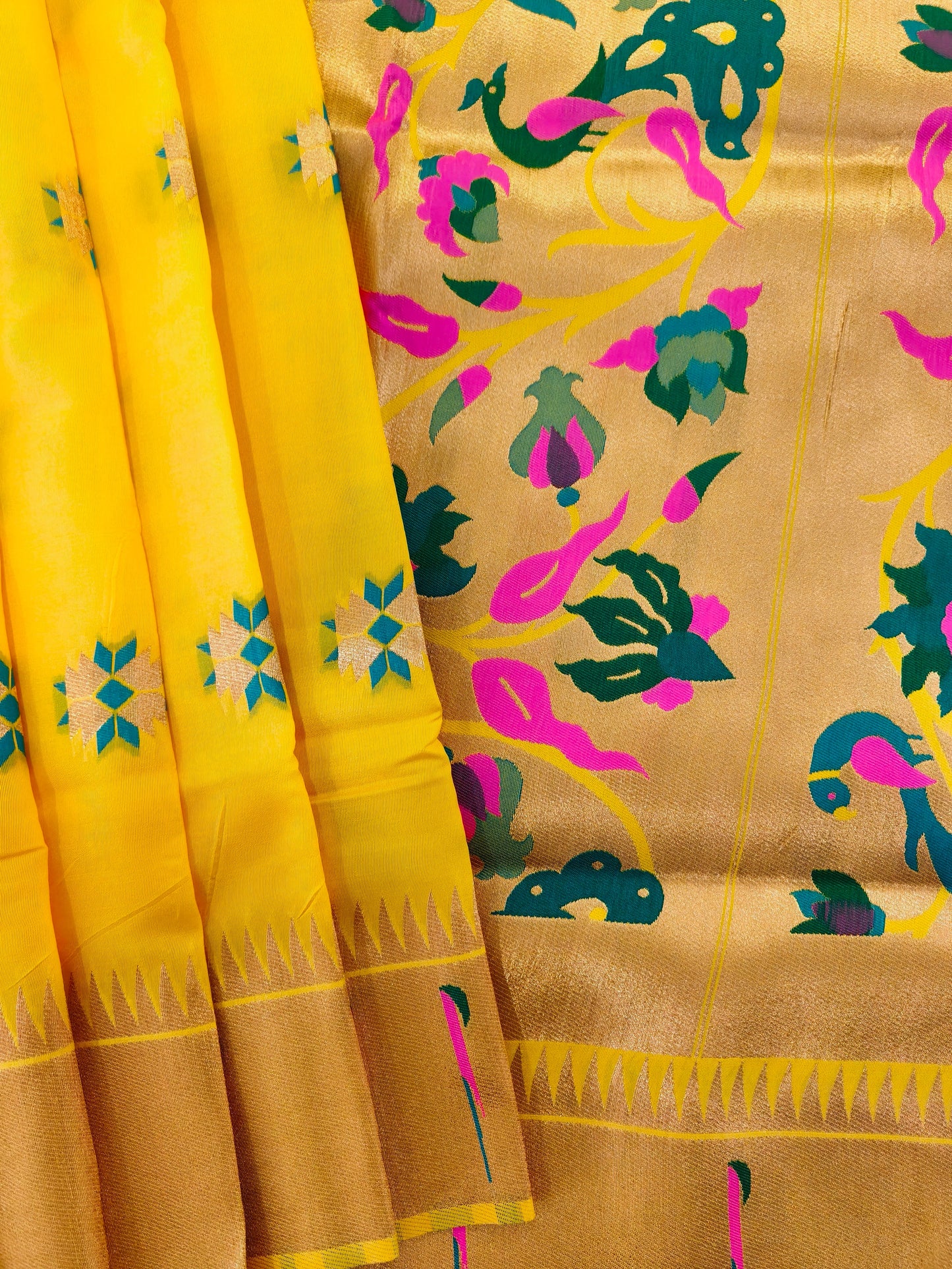 Banarasi Paithani With Bird & Floral Pallu - YELLOW