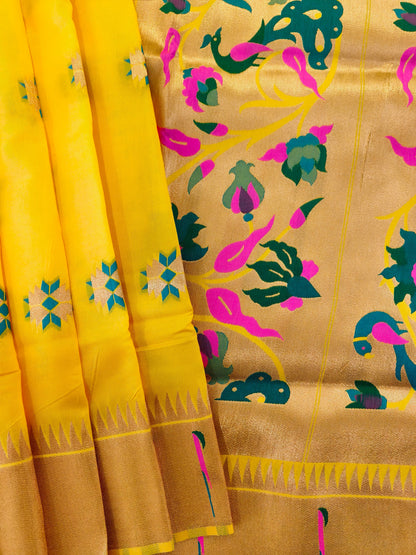 Banarasi Paithani With Bird & Floral Pallu - YELLOW