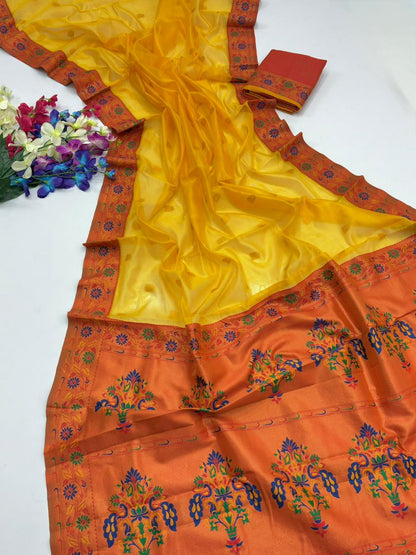 Royal Banarasi Saree with Contrast Blouse & Floral Motifs- YELLOW