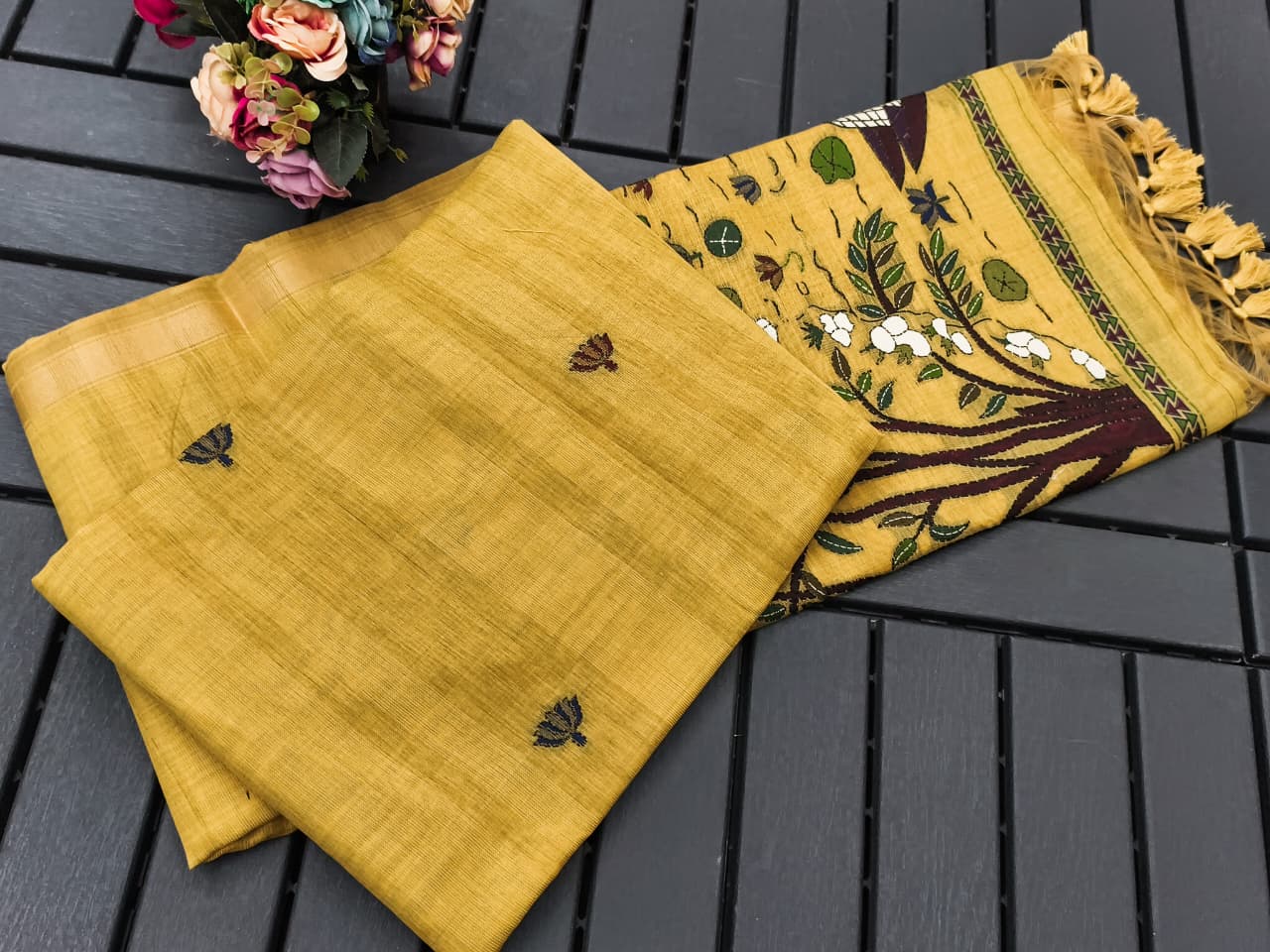 Pure Ghicha Cotton Saree with Traditional Pallu- YELLOW