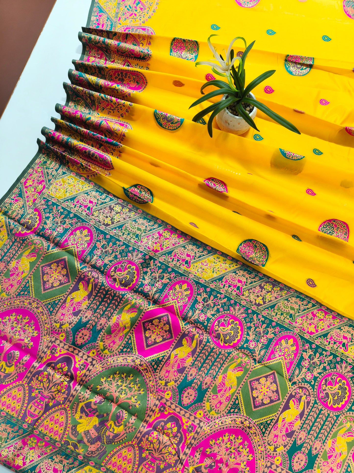 PURE SOFT RAJWADI PASHMINA SILK SAREE - YELLOW