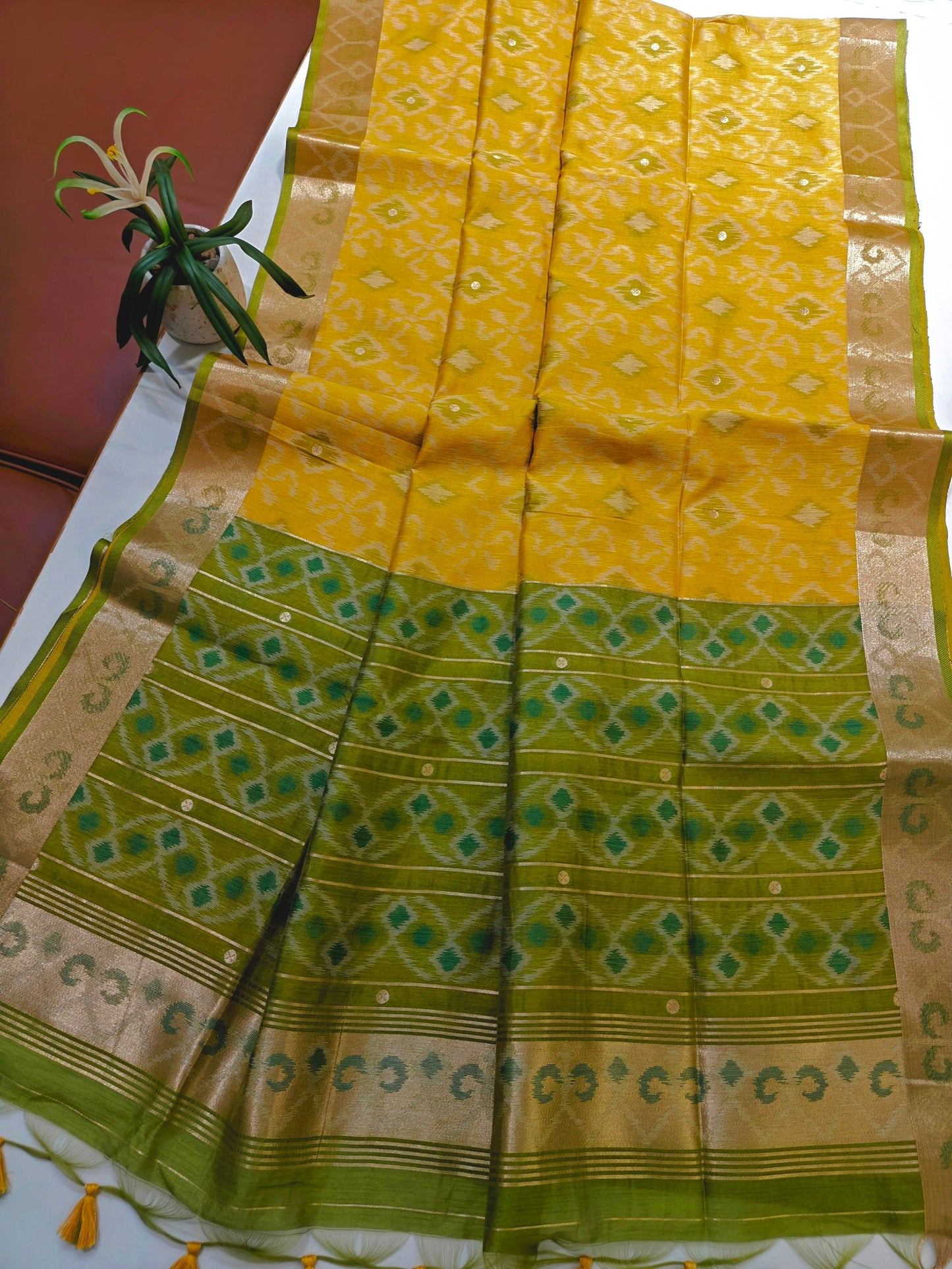 Raw Silk Ikkat Saree With Zari Woven Border-YELLOW