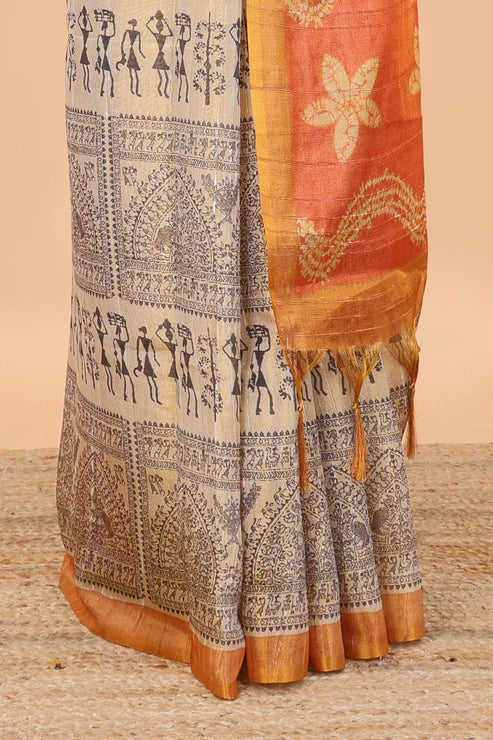 Tissue Tussar Zari Saree With Print Warli - ORANGE-RED