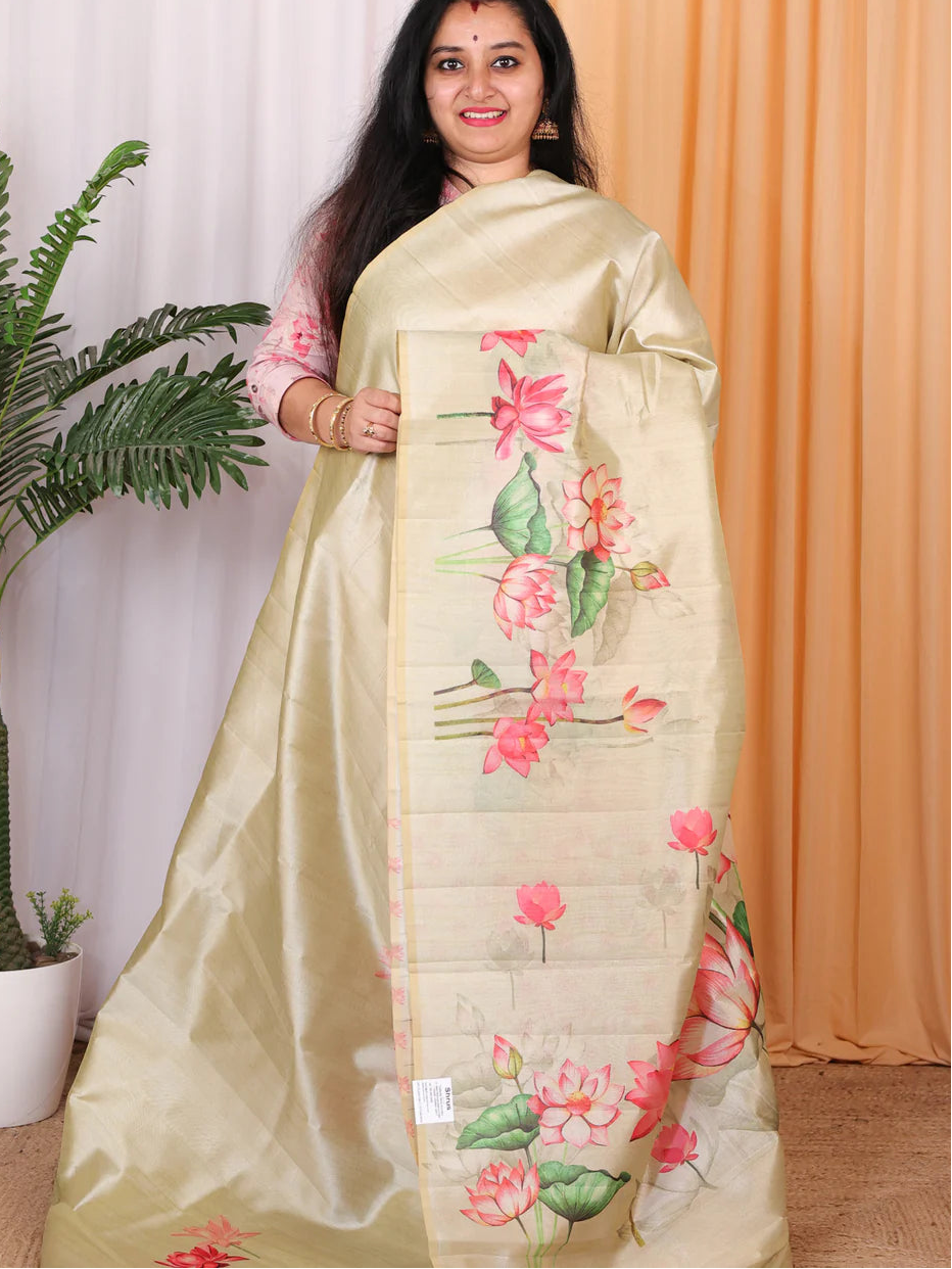 Premium Lotus Print Tussar Silk Saree - YELLOW