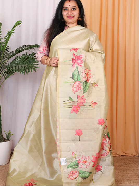Premium Lotus Print Tussar Silk Saree - YELLOW