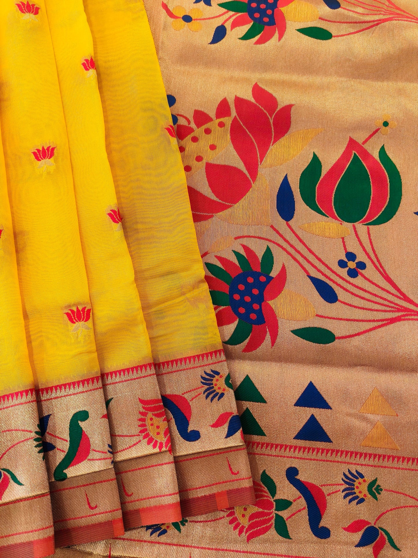 Paithani Silk Saree with Floral Motifs and Zari Pallu - YELLOW