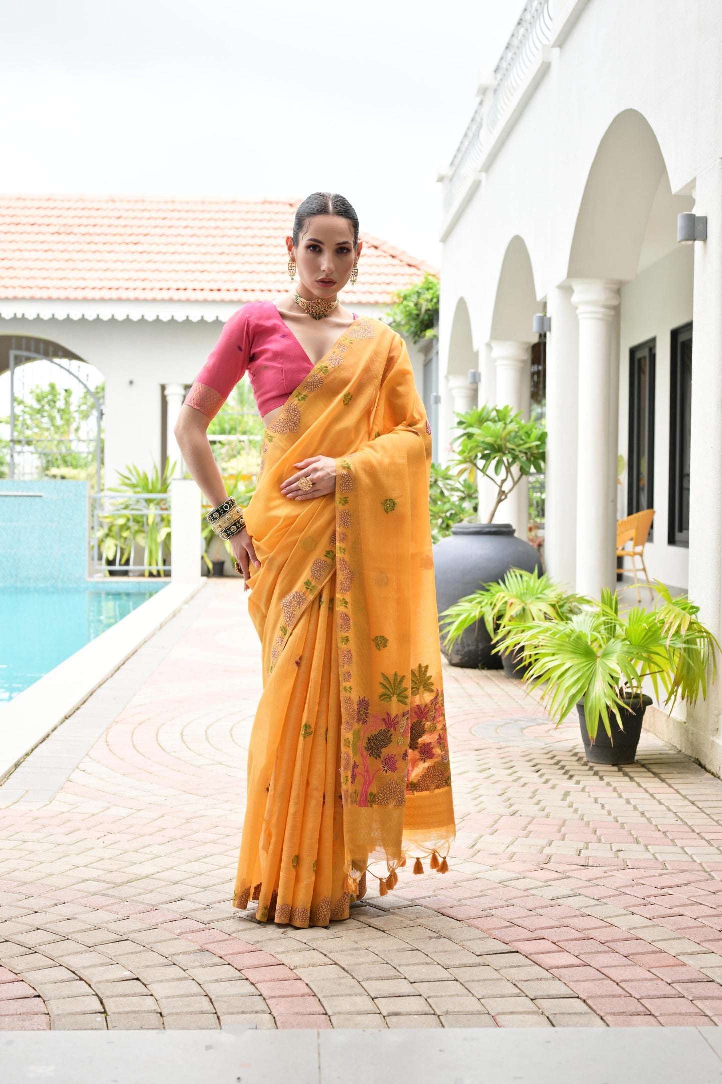 Premium Chanderi Cotton Handloom Saree- YELLOW