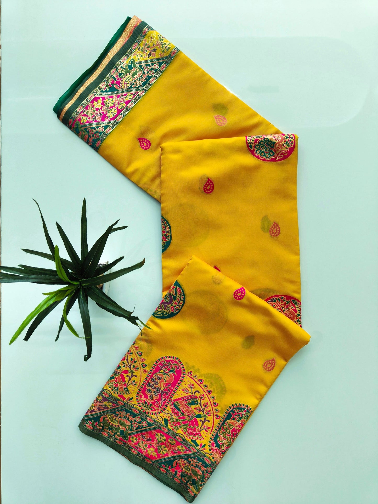 PURE SOFT RAJWADI PASHMINA SILK SAREE - YELLOW