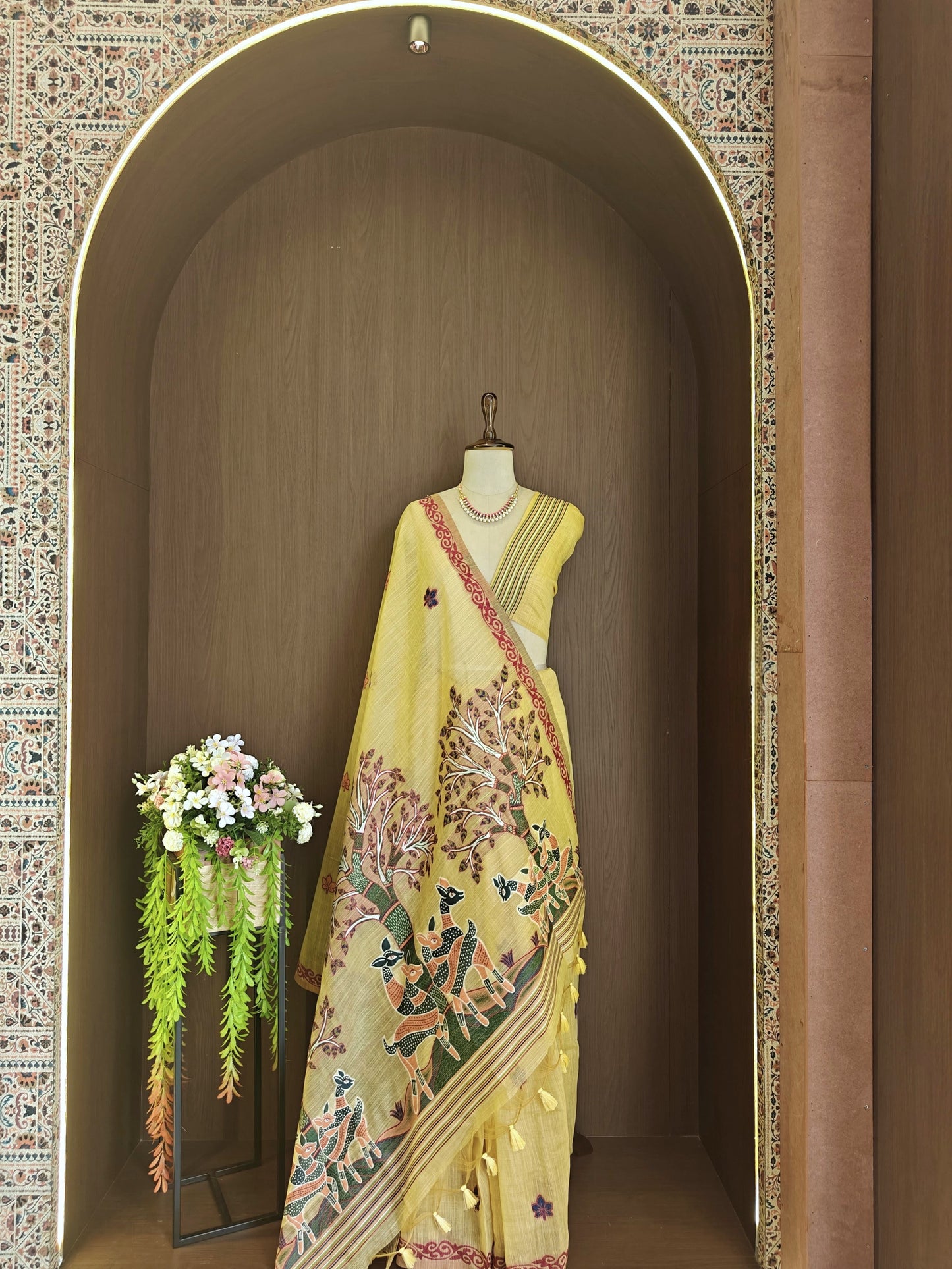 Classic Muga Cotton Saree with Unstitched Blouse and Artistic Border- YELLOW