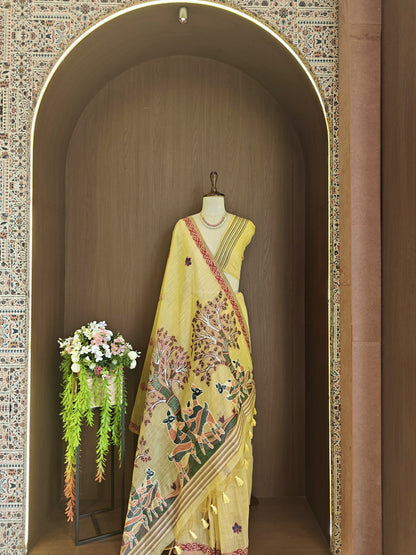 Classic Muga Cotton Saree with Unstitched Blouse and Artistic Border- YELLOW