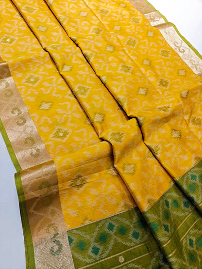 Raw Silk Ikkat Saree With Zari Woven Border-YELLOW
